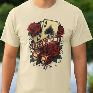 Life's A Gamble Graphic Tee - Edgy Tattoo Style Unisex Tshirt - Skull, Dice, Ace